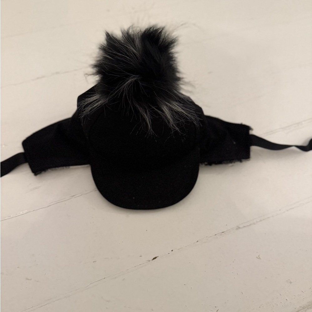 George Hats Black snap back Hat with Fluffy Pom-Pom & fleece ear flaps